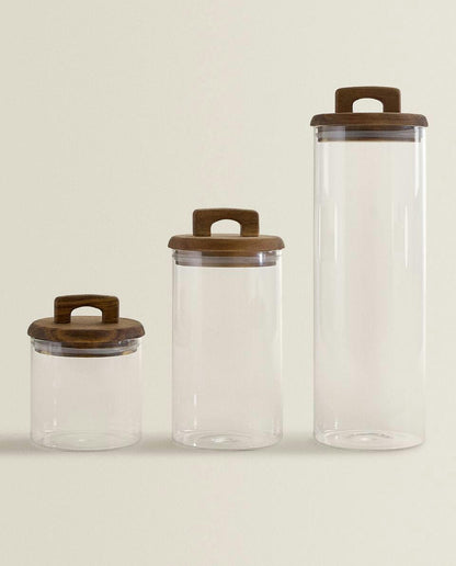 BOROSILICATE GLASS AND WOOD STORAGE JAR